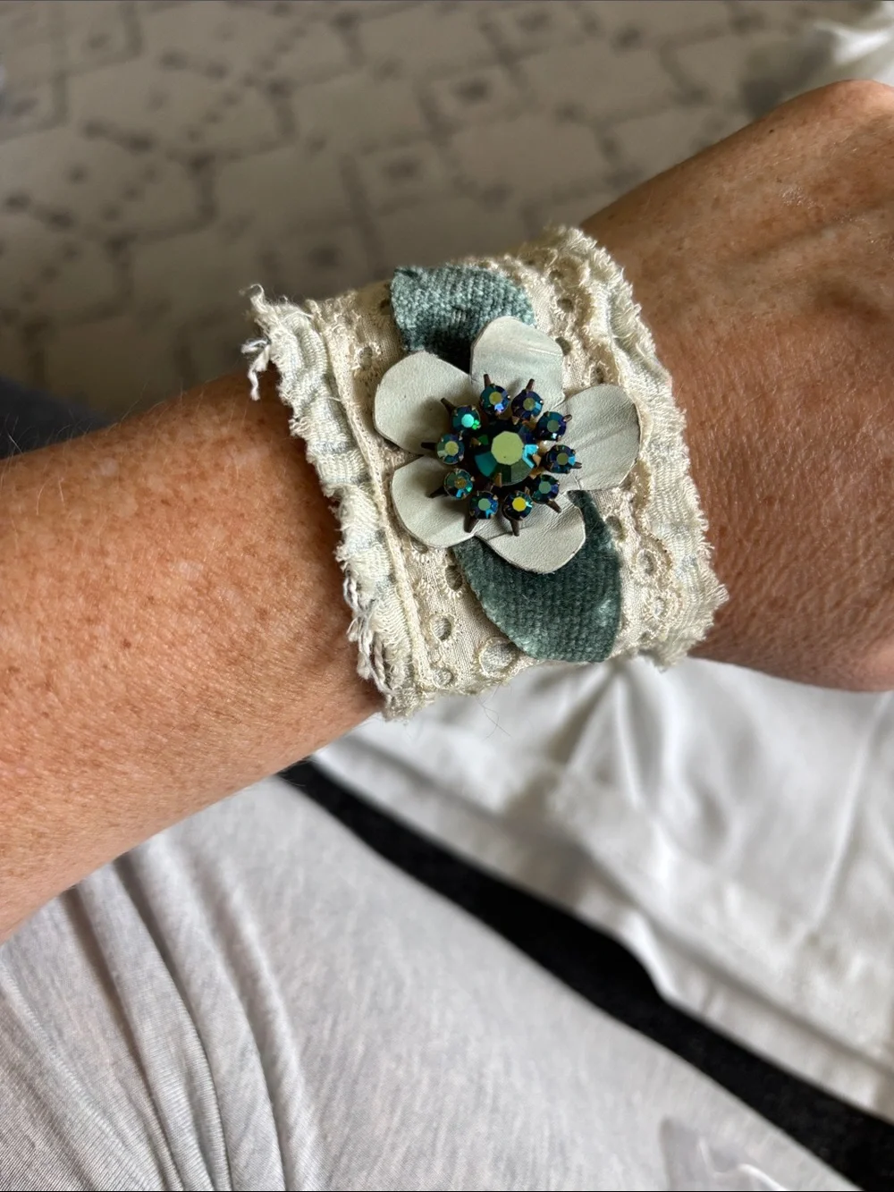 Lace Floral Bracelet with Teal Accent